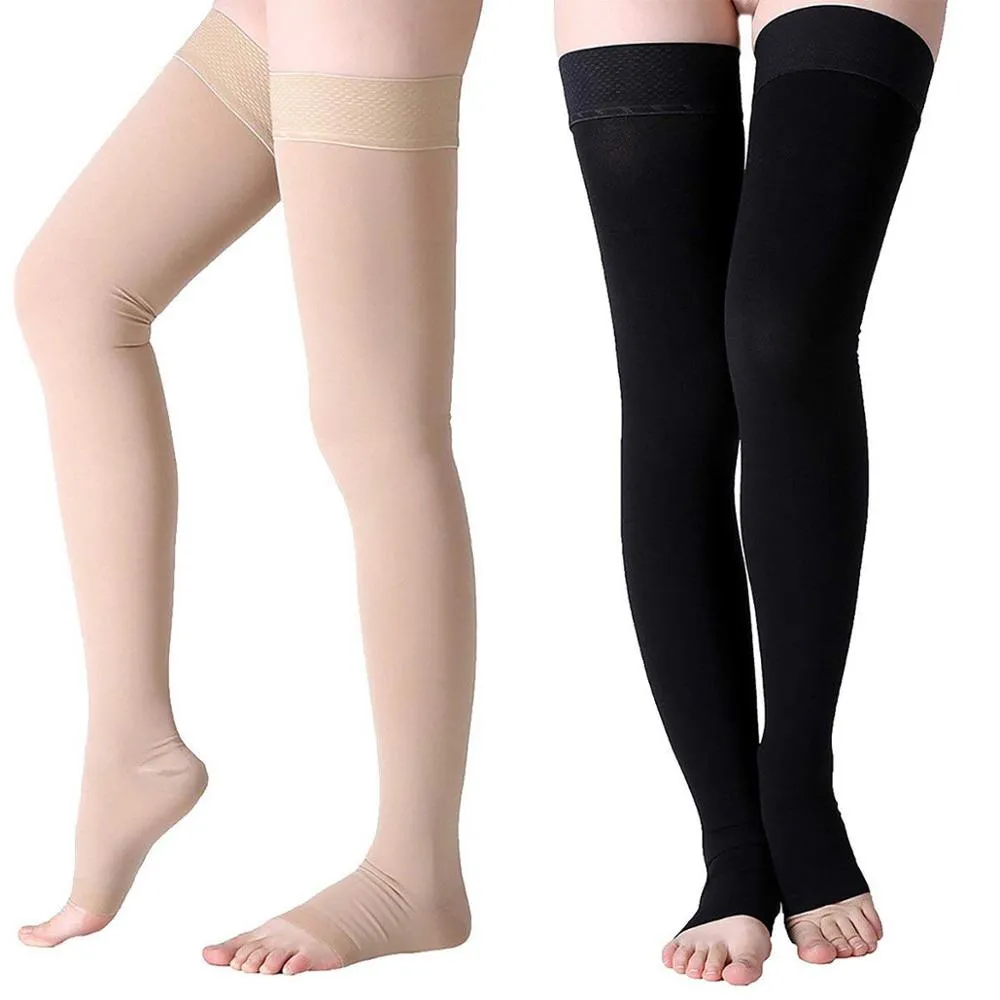 Beige black medical open toe thigh high graduated 20-30mmHg compression socks 2