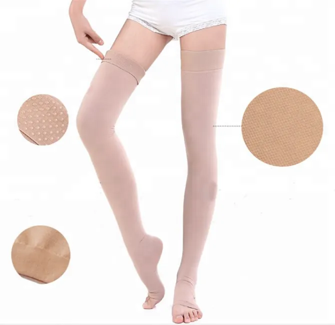 Beige black medical open toe thigh high graduated 20-30mmHg compression socks